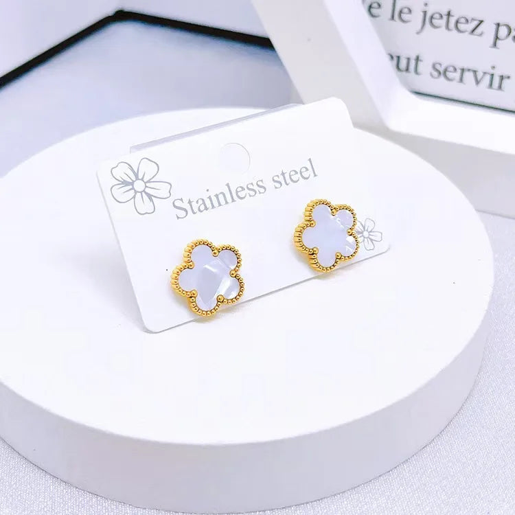 1 set of women's stainless steel five petal flower necklace bracelet and earrings, can be worn on both sides