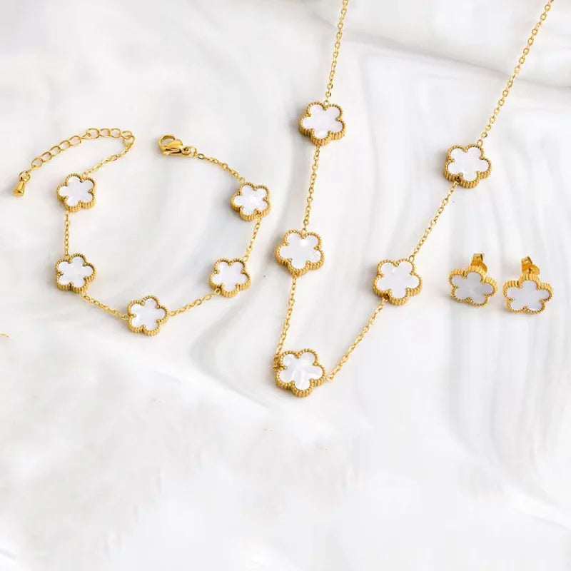 1 set of women's stainless steel five petal flower necklace bracelet and earrings, can be worn on both sides