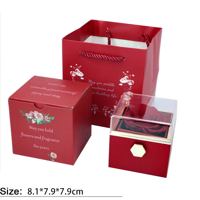 2024 New Valentine Eternal Rose Jewelry Ring Box Rotate Wedding Pendant Necklace Storage Case for Women Girlfriend Gift Box