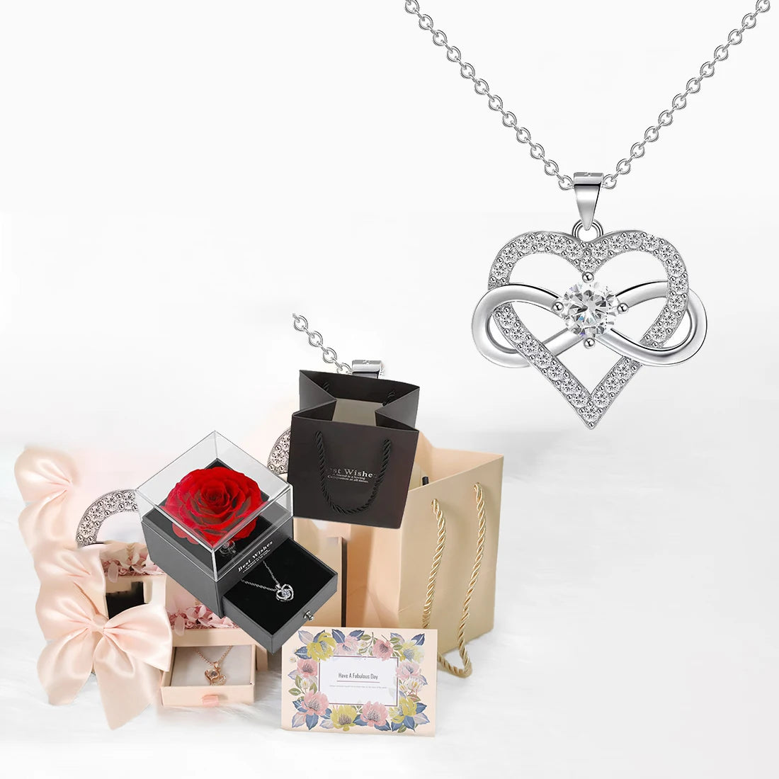 Luxury Zircon Necklace & Rose Gift Box Set