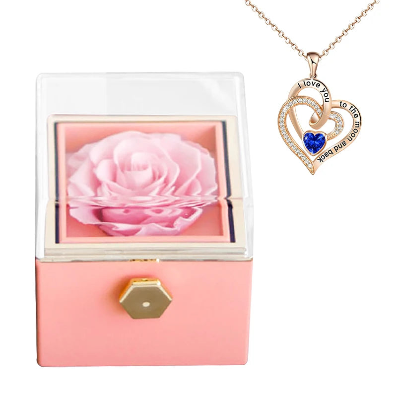 Gifts for Girlfriend Rotating Eternal Rose Gift Box Necklace Set Preserved Flower Jewelry Box For Valentine Christmas Birthday