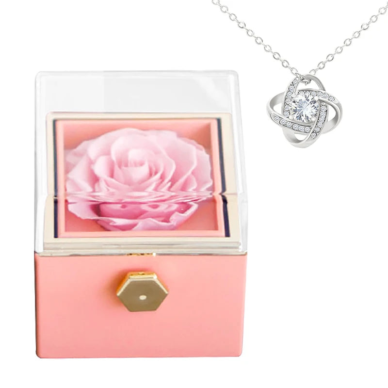 Gifts for Girlfriend Rotating Eternal Rose Gift Box Necklace Set Preserved Flower Jewelry Box For Valentine Christmas Birthday