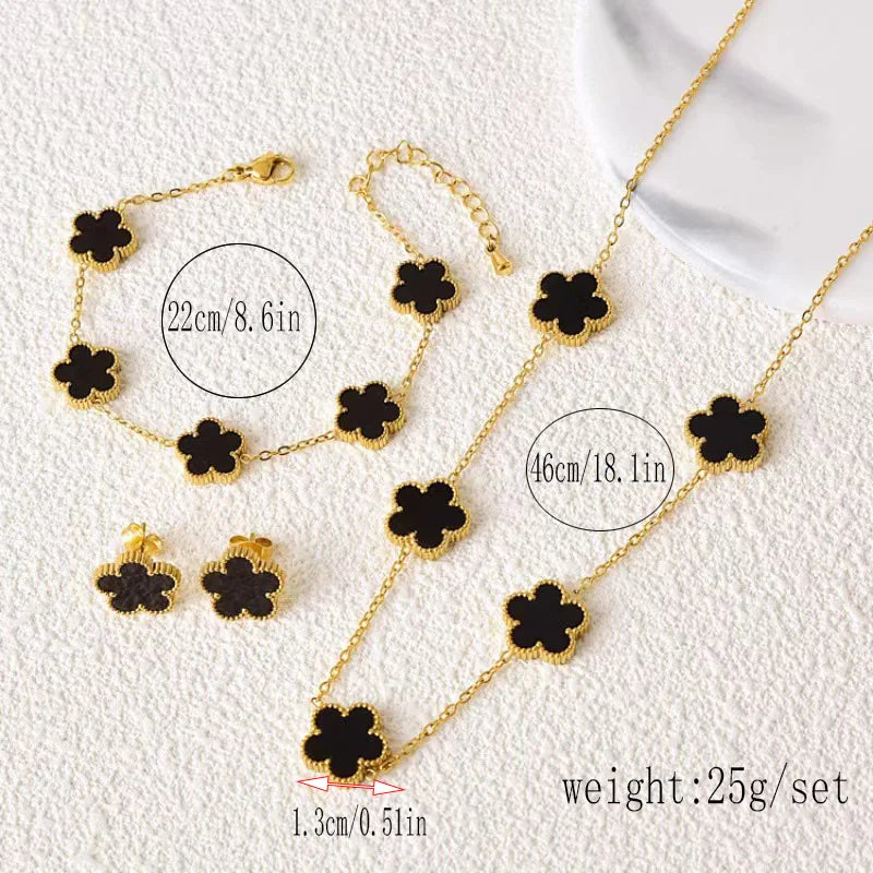 1 set of women's stainless steel five petal flower necklace bracelet and earrings, can be worn on both sides