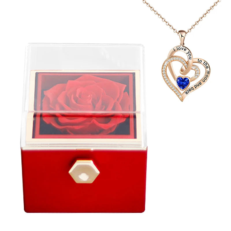 Gifts for Girlfriend Rotating Eternal Rose Gift Box Necklace Set Preserved Flower Jewelry Box For Valentine Christmas Birthday