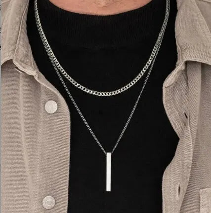 Men 3D Vertical Necklace Geometry Stainless Steel Cuban Necklace Temperament Cool Vertical Pendant Necklace