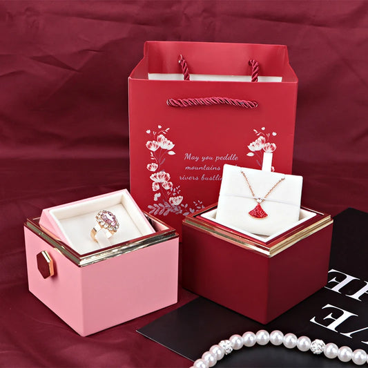 2024 New Valentine Eternal Rose Jewelry Ring Box Rotate Wedding Pendant Necklace Storage Case for Women Girlfriend Gift Box