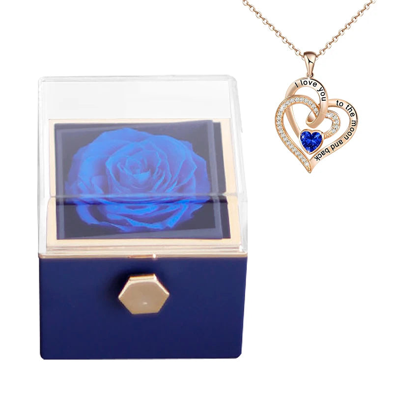 Gifts for Girlfriend Rotating Eternal Rose Gift Box Necklace Set Preserved Flower Jewelry Box For Valentine Christmas Birthday